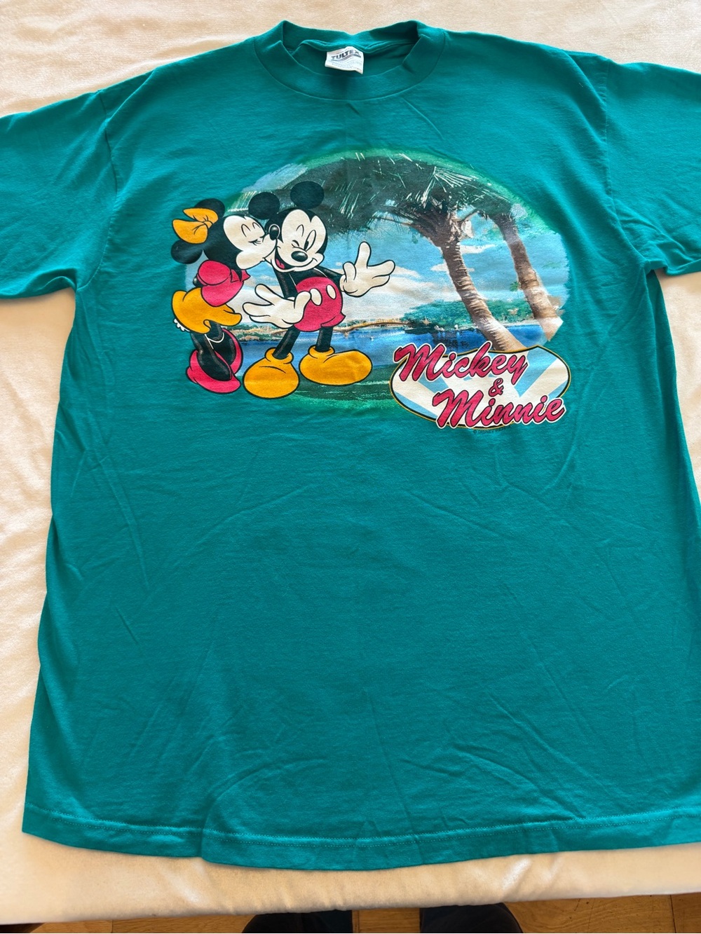 Vtg Disney Tultex Teal Tee Mickey & Minnie XL